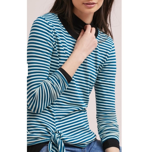 Anthropologie T.La Barela Tie Waist Striped Long Sleeve Top, Sky - Size S - Picture 2 of 12